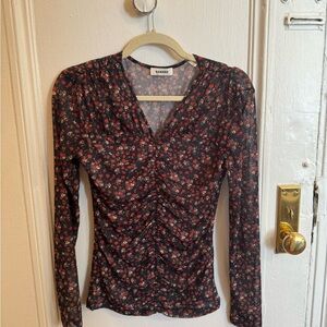 Sandro Bethanie Floral Mesh Top with Ruching. No shoulder pads.